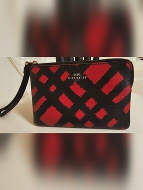 Coach Red and Black Patterned Leather Zip Wristlet